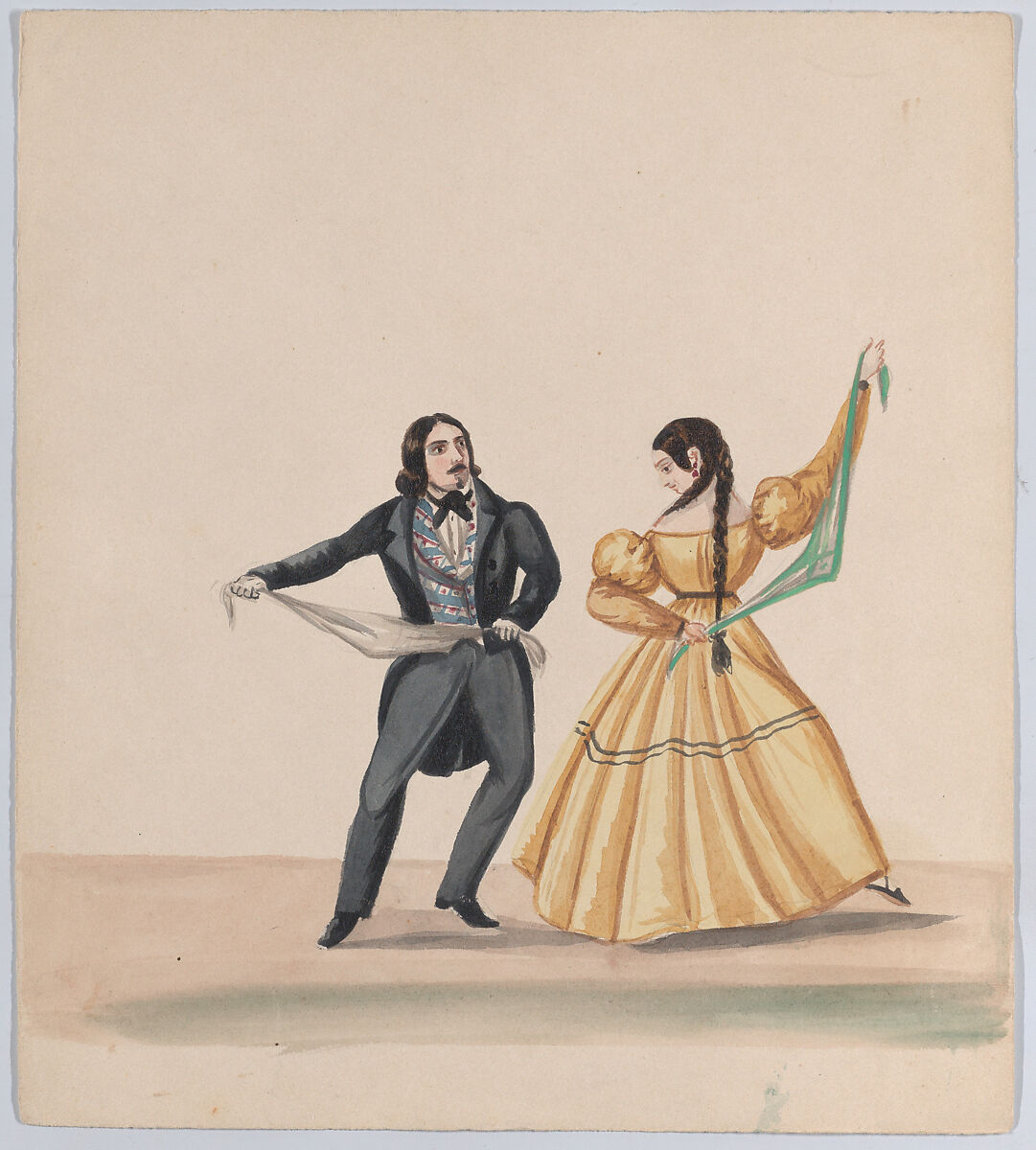A man and a woman dancing, from a group of drawings depicting Peruvian dress, Attributed to Francisco (Pancho) Fierro (African Peruvian, 1807–1879), Watercolor 