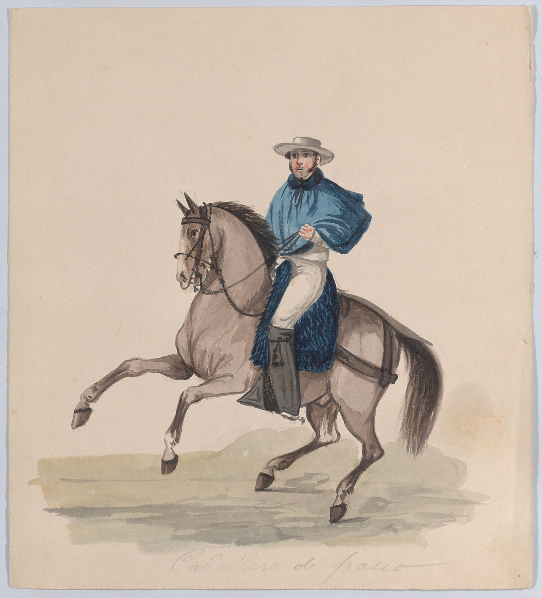 An elegantly dressed man on horseback, from a group of drawings depicting Peruvian dress, Attributed to Francisco (Pancho) Fierro (African Peruvian, 1807–1879), Watercolor 