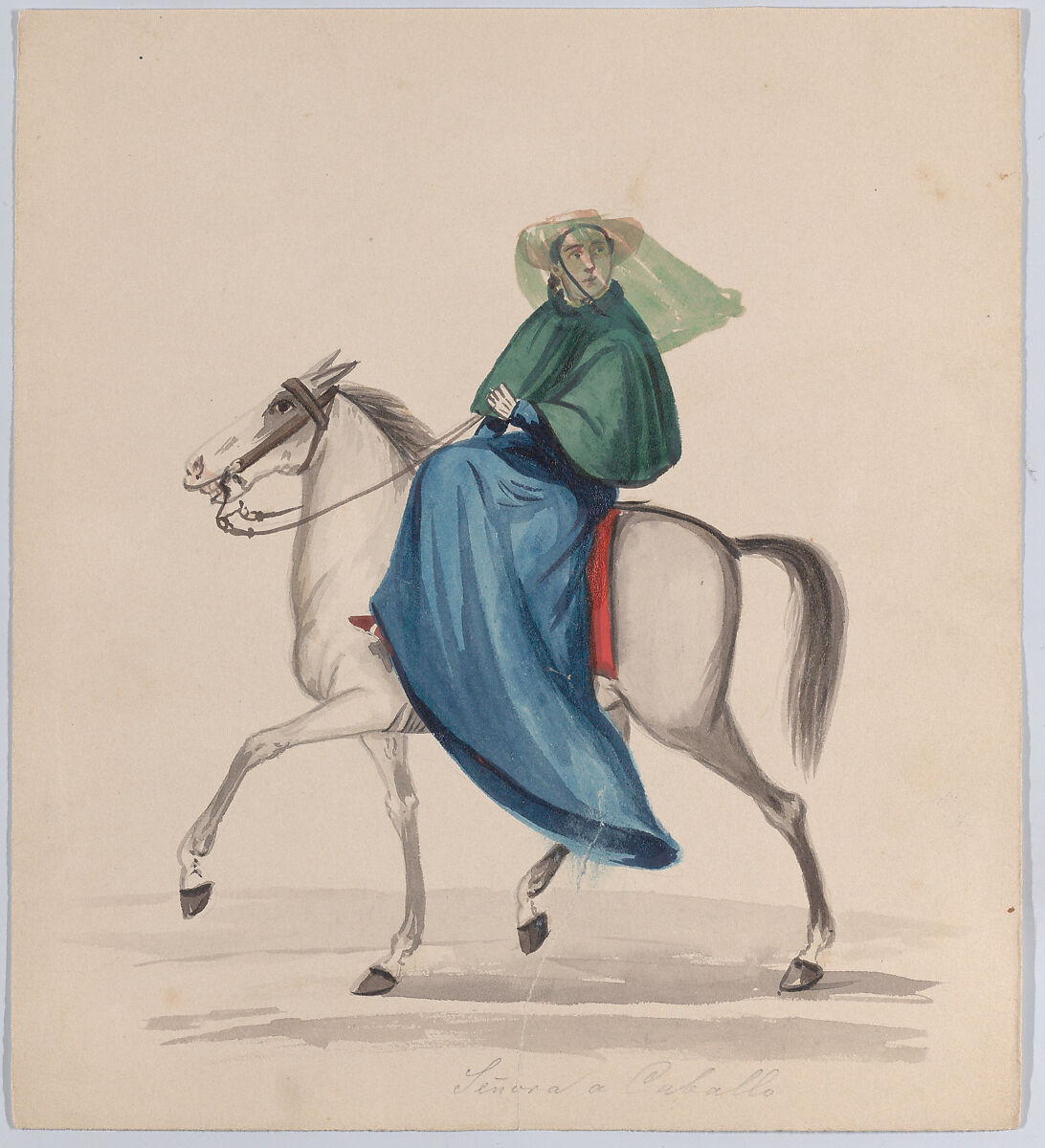 An elegantly dressed woman on horseback, from a group of drawings depicting Peruvian dress, Attributed to Francisco (Pancho) Fierro (African Peruvian, 1807–1879), Watercolor 