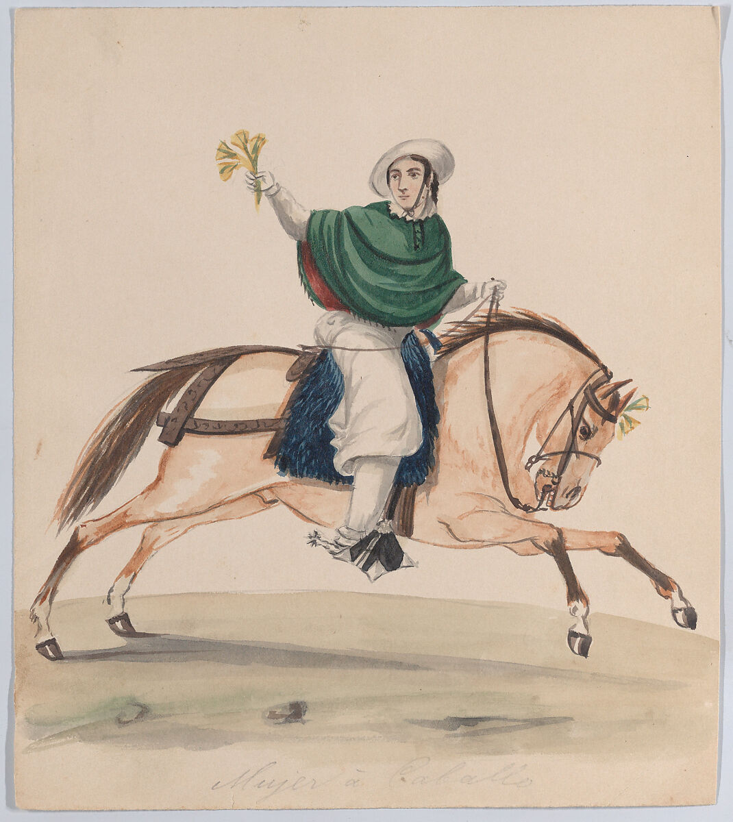 An elegantly dressed woman on horseback, from a group of drawings depicting Peruvian dress, Attributed to Francisco (Pancho) Fierro (African Peruvian, 1807–1879), Watercolor 