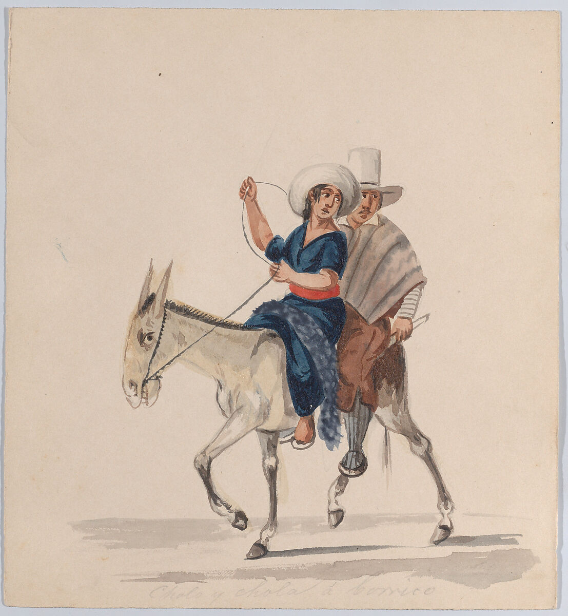 An indigenous man and woman together riding a donkey; from a group of drawings depicting Peruvian dress, Attributed to Francisco (Pancho) Fierro (African Peruvian, 1807–1879), Watercolor 
