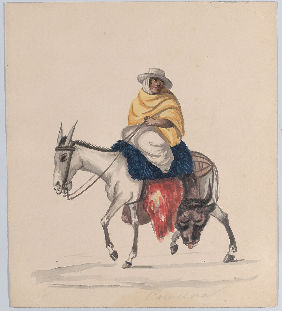 A butcher riding a donkey, from a group of drawings depicting Peruvian dress, Attributed to Francisco (Pancho) Fierro (African Peruvian, 1807–1879), Watercolor 