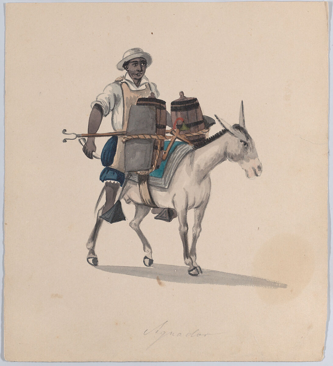 A watercarrier riding a donkey, from a group of drawings depicting Peruvian dress, Attributed to Francisco (Pancho) Fierro (African Peruvian, 1807–1879), Watercolor 