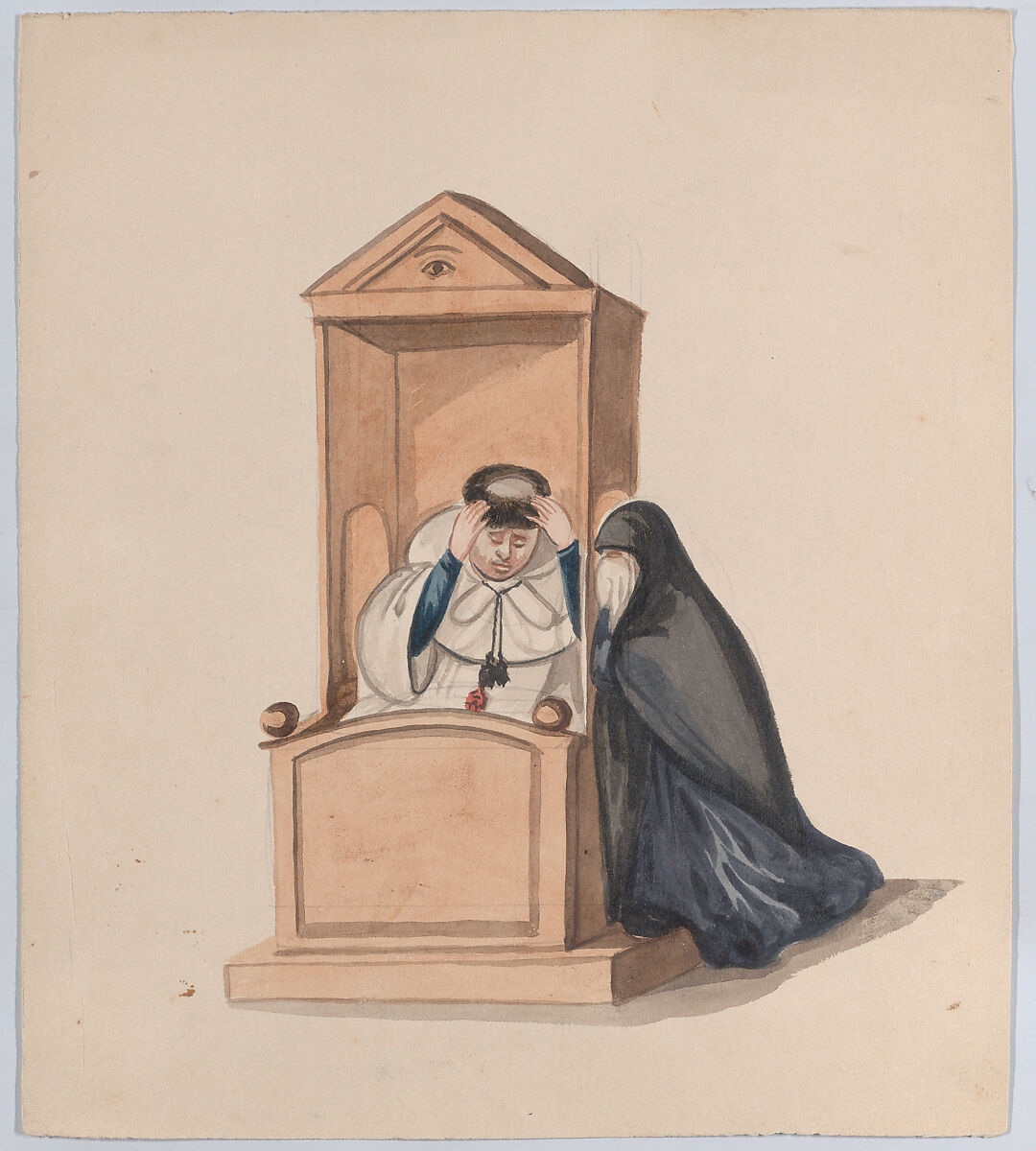 A woman confessing to a priest, from a group of drawings depicting Peruvian dress, Attributed to Francisco (Pancho) Fierro (African Peruvian, 1807–1879), Watercolor 