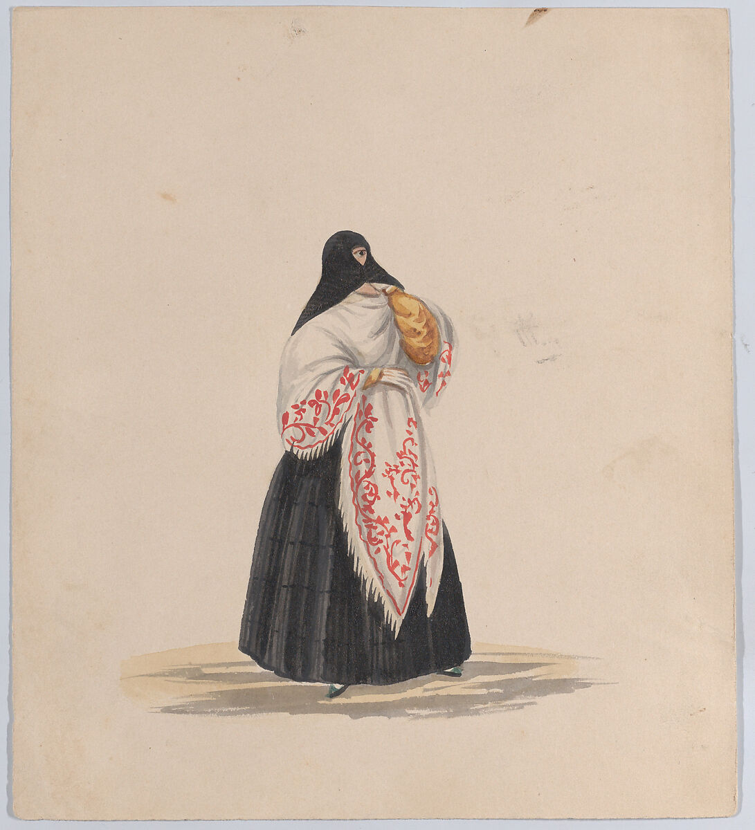 An elegantly dressed woman, from a group of drawings depicting Peruvian dress, Attributed to Francisco (Pancho) Fierro (African Peruvian, 1807–1879), Watercolor 