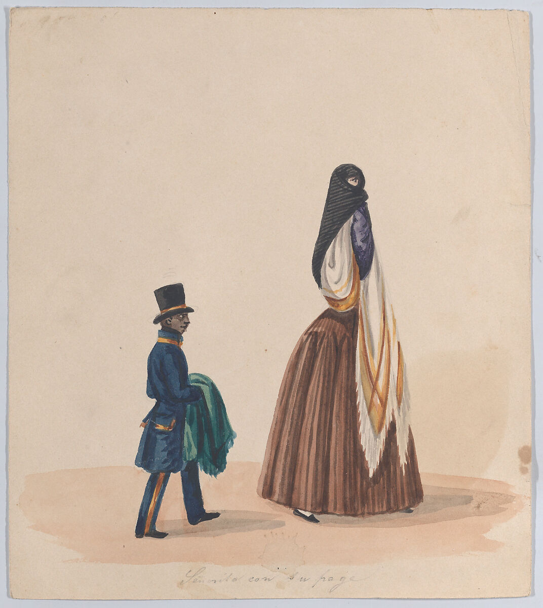 An elegantly dressed woman and her page, from a group of drawings depicting Peruvian dress, Attributed to Francisco (Pancho) Fierro (African Peruvian, 1807–1879), Watercolor 