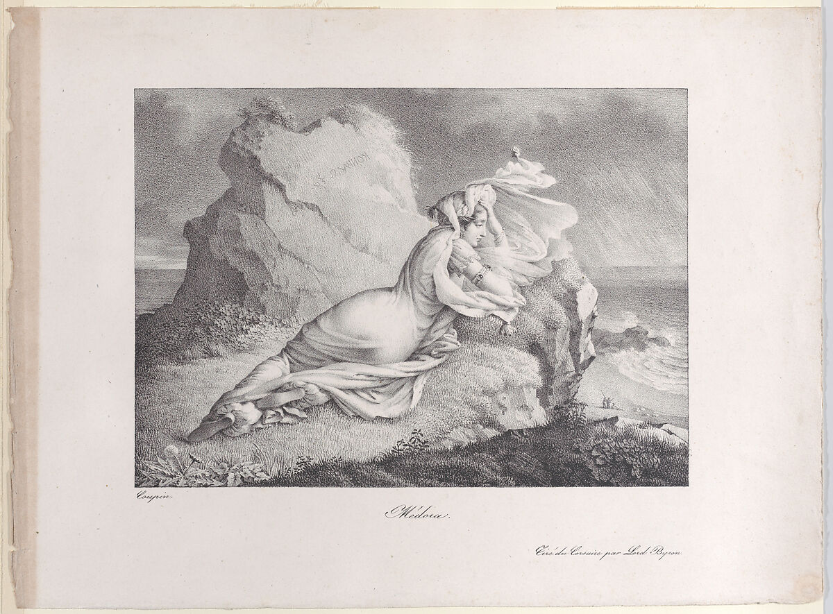 Medora, reclining on a rock overlooking the shore, Marie Philippe Coupin de la Couperie (French, Versailles 1773–1851 Versailles), Lithograph 
