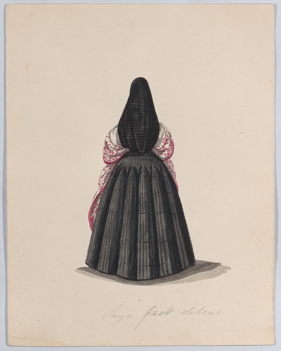 A  woman wearing the saya viewed from behind, from a group of drawings depicting Peruvian dress, Attributed to Francisco (Pancho) Fierro (African Peruvian, 1807–1879), Watercolor 