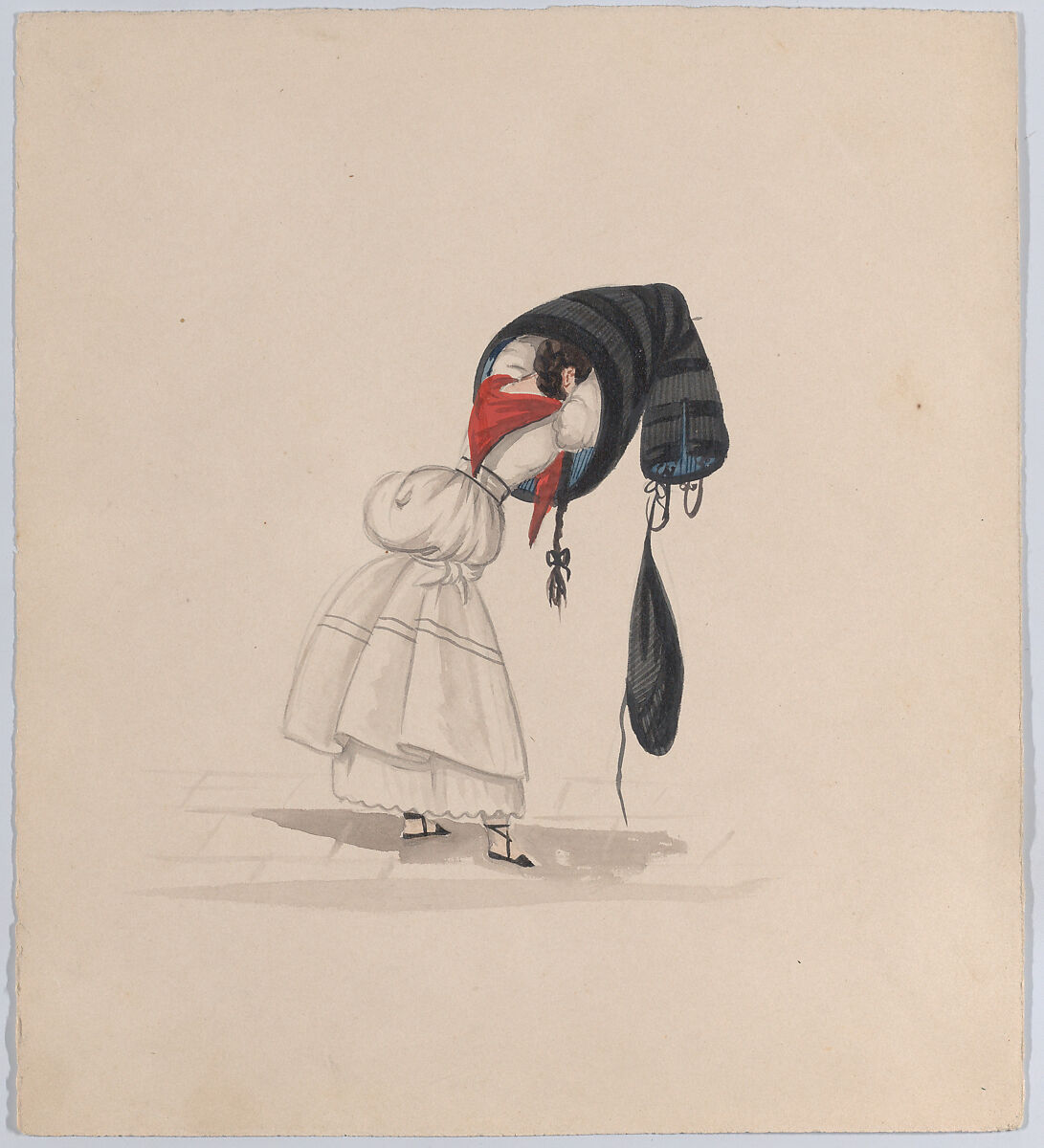 A  woman putting on her saya, viewed from behind, from a group of drawings depicting Peruvian dress, Attributed to Francisco (Pancho) Fierro (African Peruvian, 1807–1879), Watercolor 