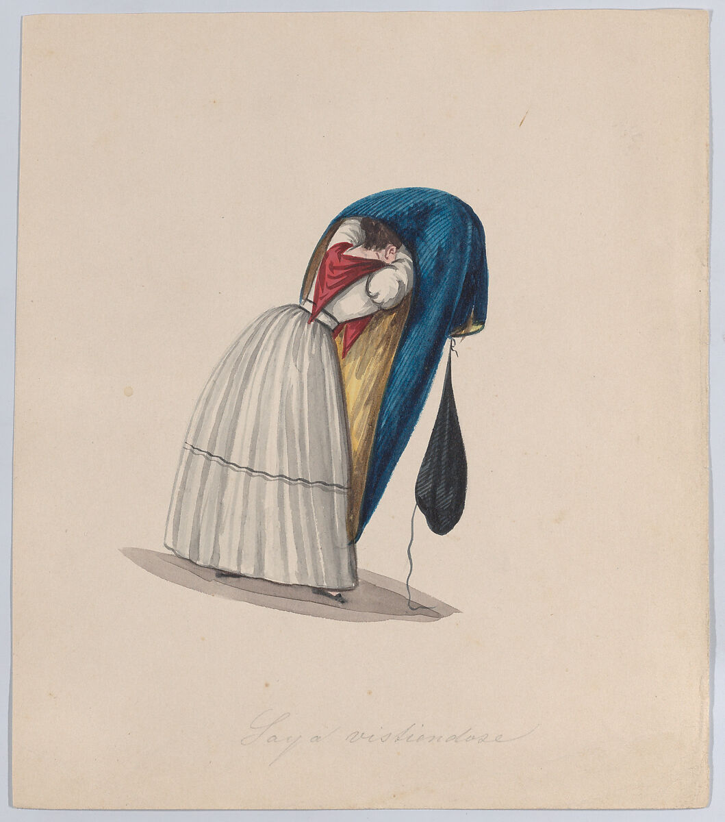 A  woman getting into her saya viewed from behind, from a group of drawings depicting Peruvian dress, Attributed to Francisco (Pancho) Fierro (African Peruvian, 1807–1879), Watercolor 