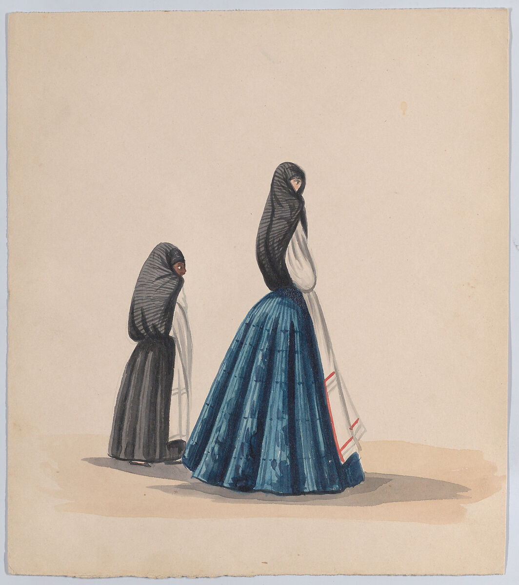 Two woman wearing the saya viewed in profile, from a group of drawings depicting Peruvian dress, Attributed to Francisco (Pancho) Fierro (African Peruvian, 1807–1879), Watercolor 