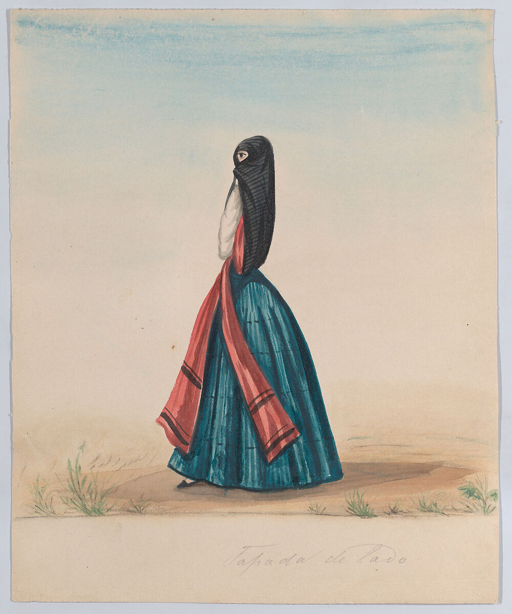 A  woman wearing the saya and manto standing in profile, from a group of drawings depicting Peruvian dress, Attributed to Francisco (Pancho) Fierro (African Peruvian, 1807–1879), Watercolor 