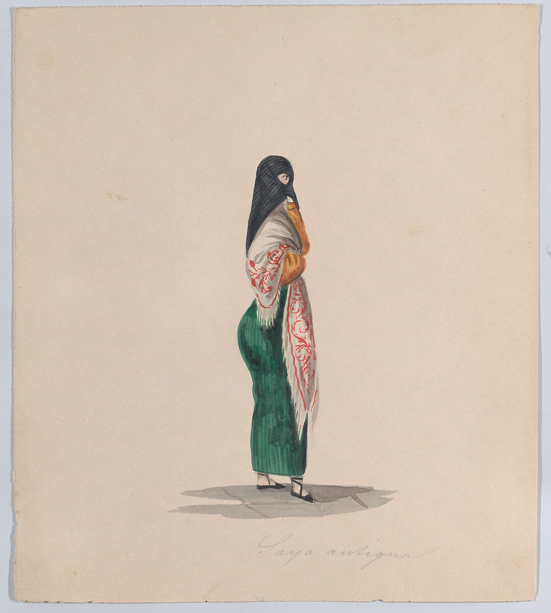 A  woman wearing the saya standing in profile, from a group of drawings depicting Peruvian dress, Attributed to Francisco (Pancho) Fierro (African Peruvian, 1807–1879), Watercolor 