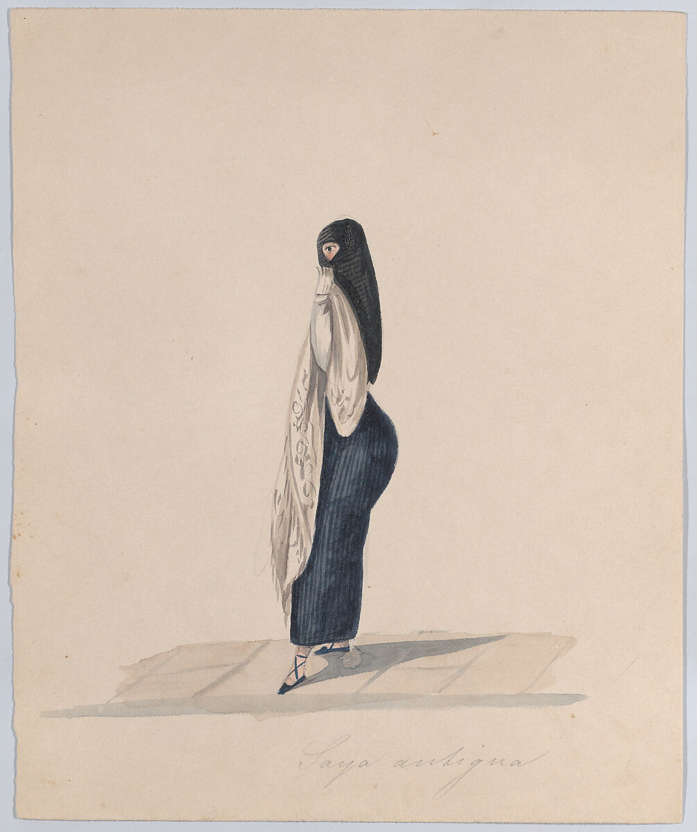 A  woman wearing the saya standing in profile, from a group of drawings depicting Peruvian dress, Attributed to Francisco (Pancho) Fierro (African Peruvian, 1807–1879), Watercolor 