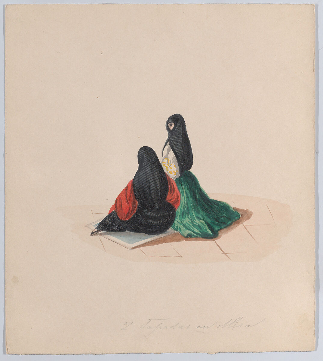 Two woman wearing the saya attending mass, from a group of drawings depicting Peruvian dress, Attributed to Francisco (Pancho) Fierro (African Peruvian, 1807–1879), Watercolor 