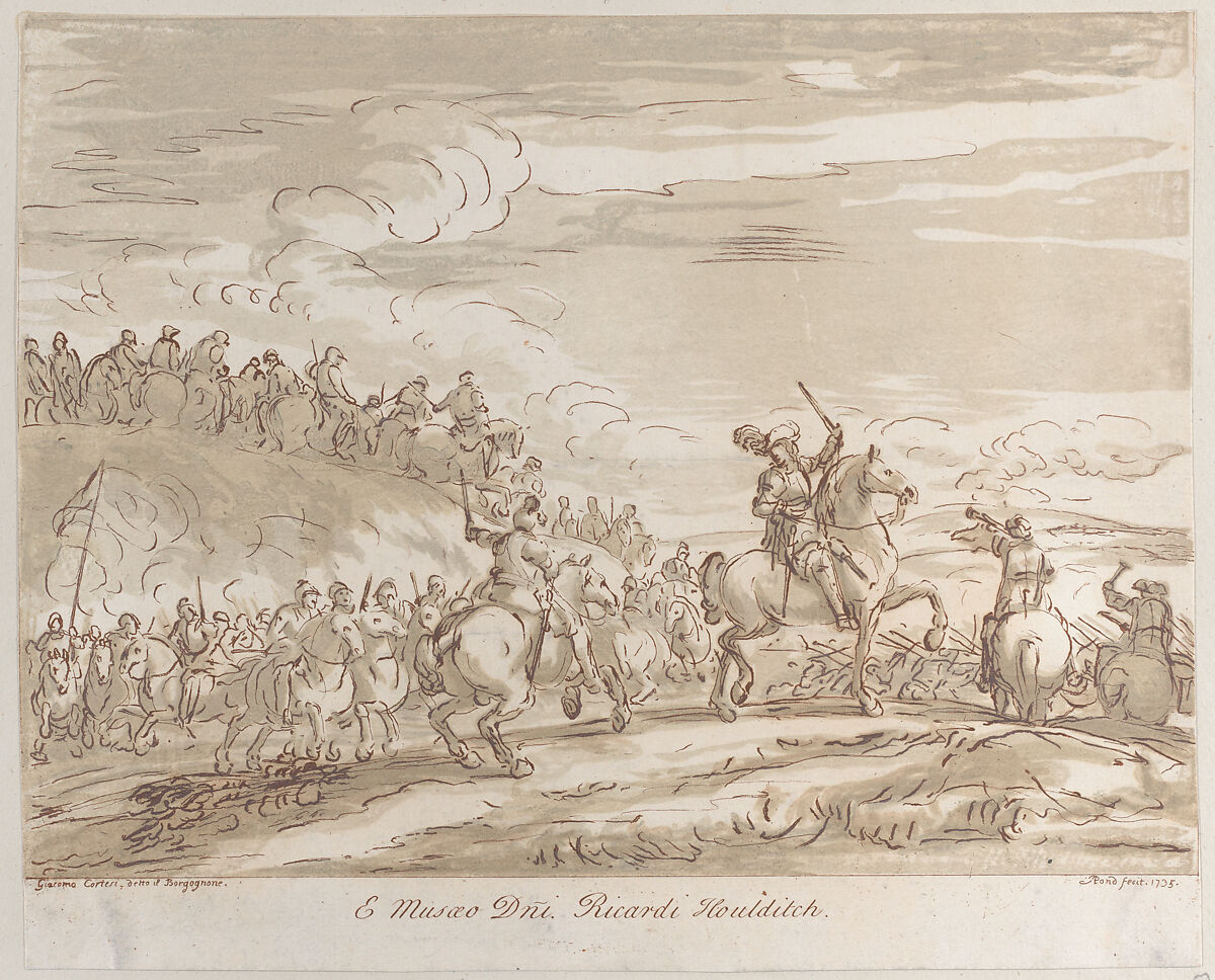 Cavalry advancing to the charge, with a central figure on horseback raising a sword, Arthur Pond (British, London 1701–1758 London), Etching and woodcut 