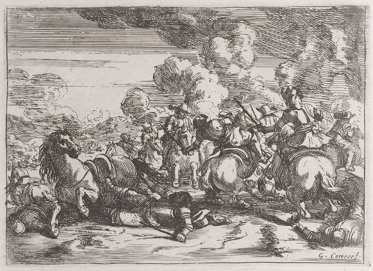 Plate 5: the wounded chief commander lies on the ground, while the battle goes on at right, Jacques Courtois (French, Saint-Hippolyte 1621–1676 Rome), Etching 
