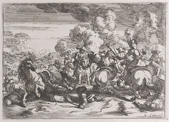 Plate 5: the wounded chief commander lies on the ground, while the battle goes on at right
