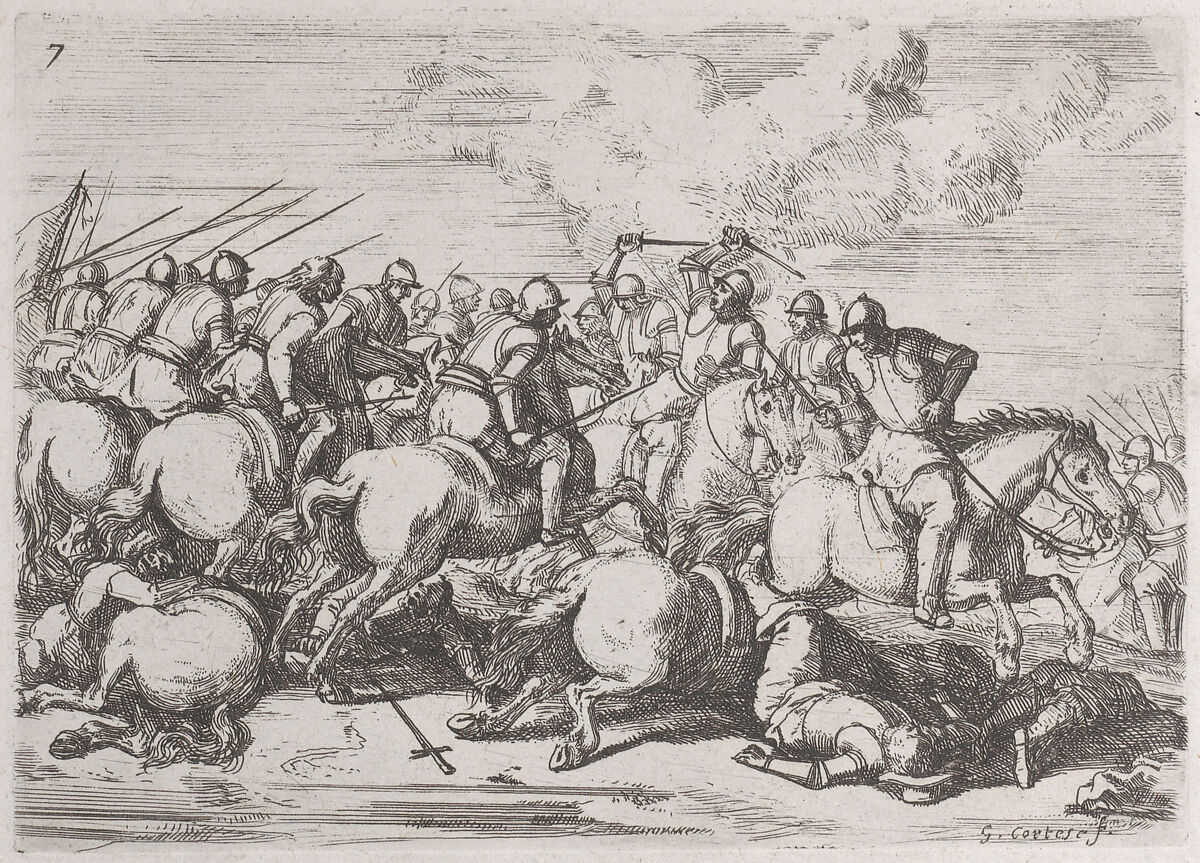 Plate 7: shock of a cavalry, Jacques Courtois (French, Saint-Hippolyte 1621–1676 Rome), Etching 