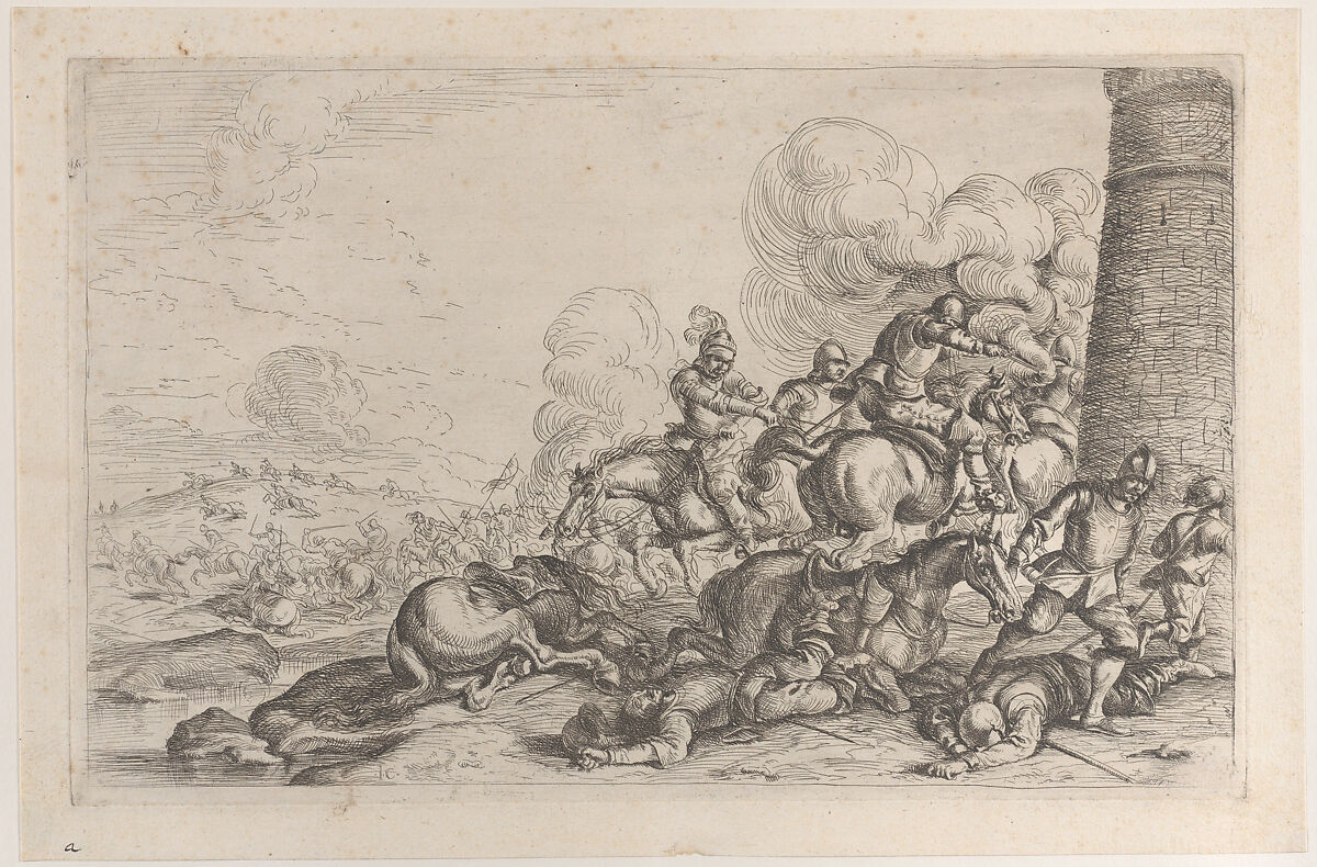 Combat at the foot of a tower, Jacques Courtois (French, Saint-Hippolyte 1621–1676 Rome), Etching 
