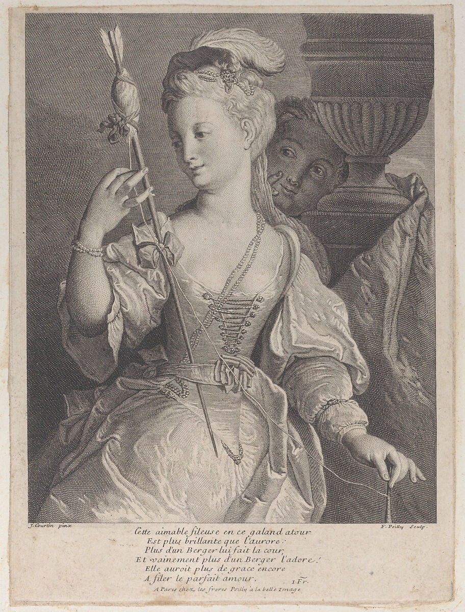 Young woman spinning thread for an arrow, François II de Poilly (French, 1666–1741 Paris), Etching and engraving 