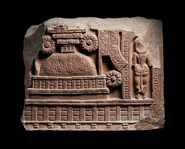 Fragment of a railing coping: a stupa protected with handprints, Sandstone, India, Bharhut Great Stupa, Satna district, Madhya Pradesh 