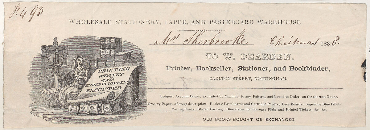 Trade Card for W. Dearden, Printer, Bookseller, Stationer, and Bookbinder, Anonymous, British, 19th century, Engraving 