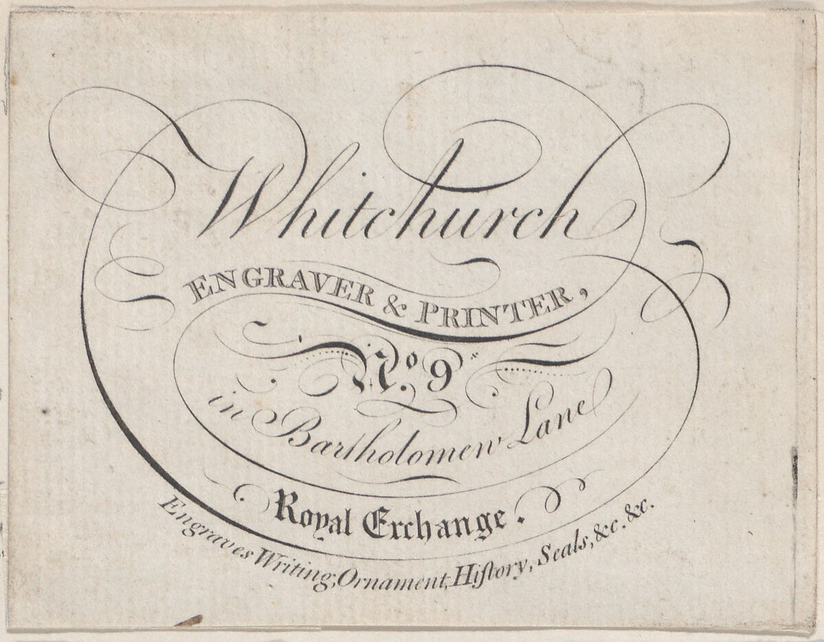 Trade Card for Whitchurch, Engraver & Printer, Anonymous, British, 19th century, Engraving 
