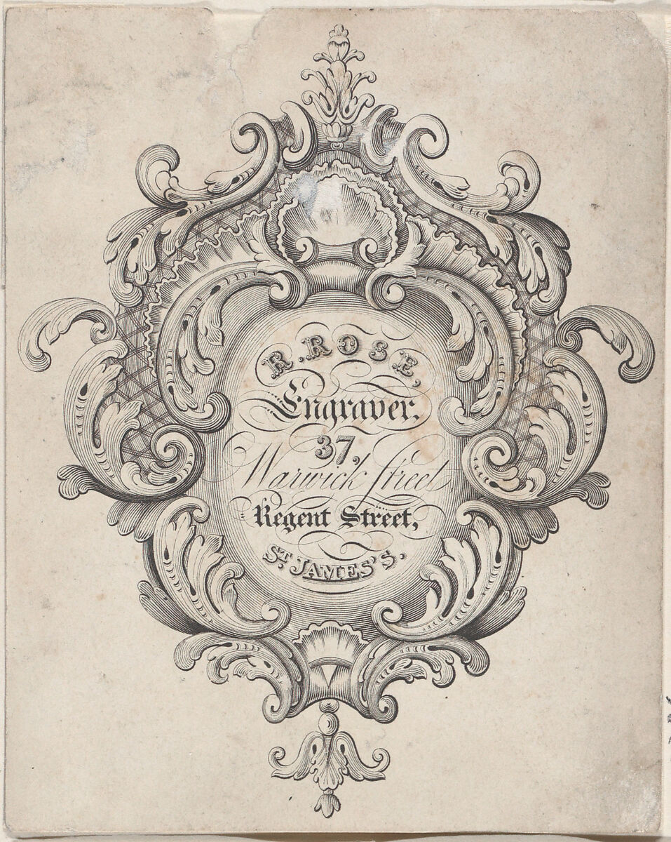 Trade Card for R. Rose, Engraver, Anonymous, British, 19th century, Engraving 