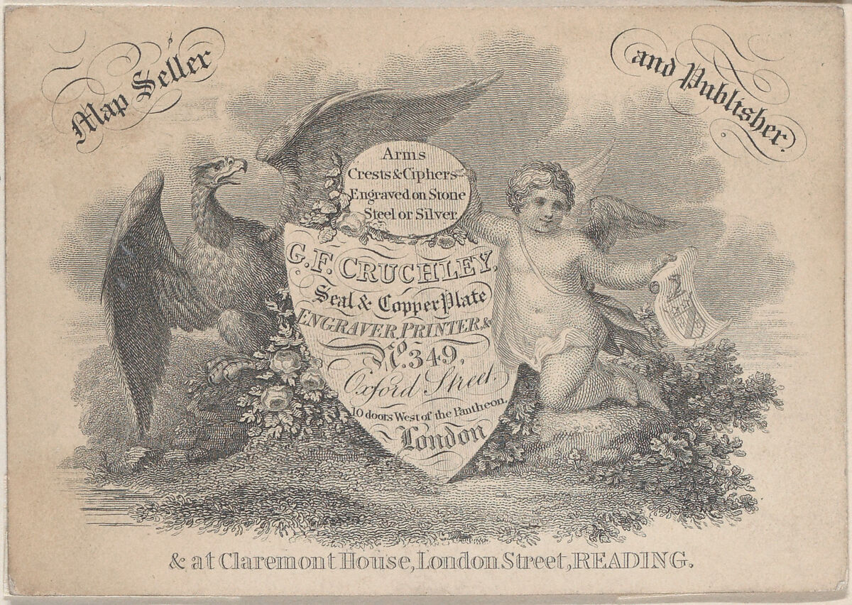 Trade Card for G.F. Cruchley, Map Seller and Publisher, Anonymous, British, 19th century, Engraving 