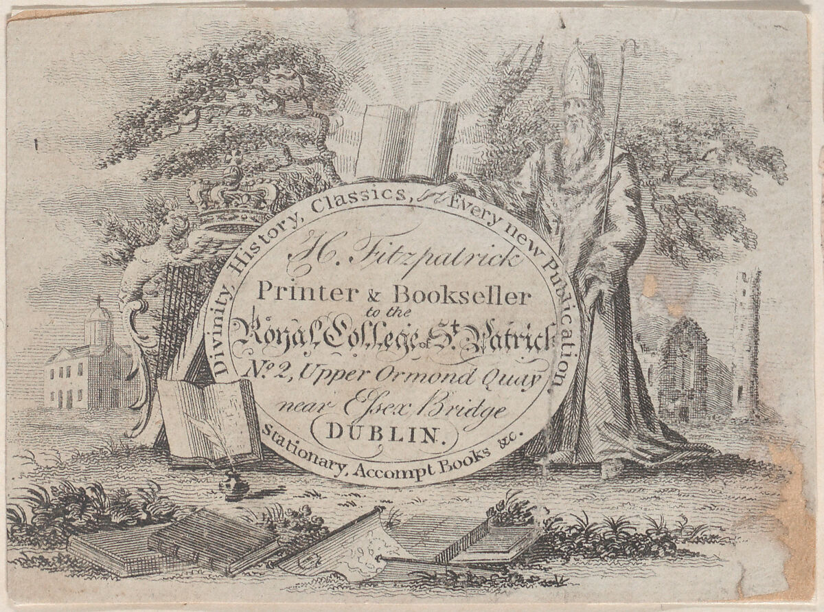 Trade Card for H. Fitzpatrick, Printer & Bookseller, Anonymous, Irish, 19th century, Engraving 