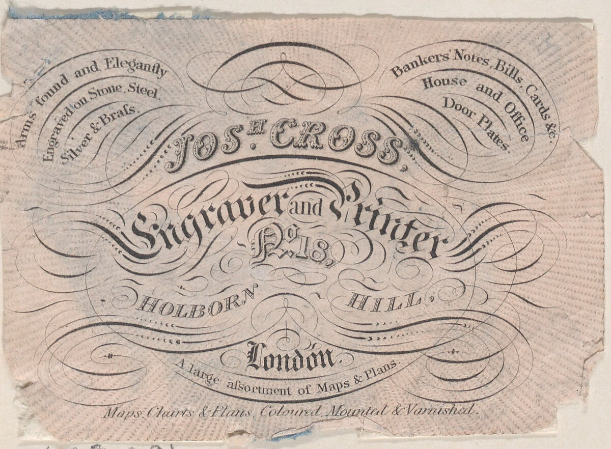 Trade Card for Josh Cross, Engraver & Printer, Anonymous, British, 19th century, Engraving 