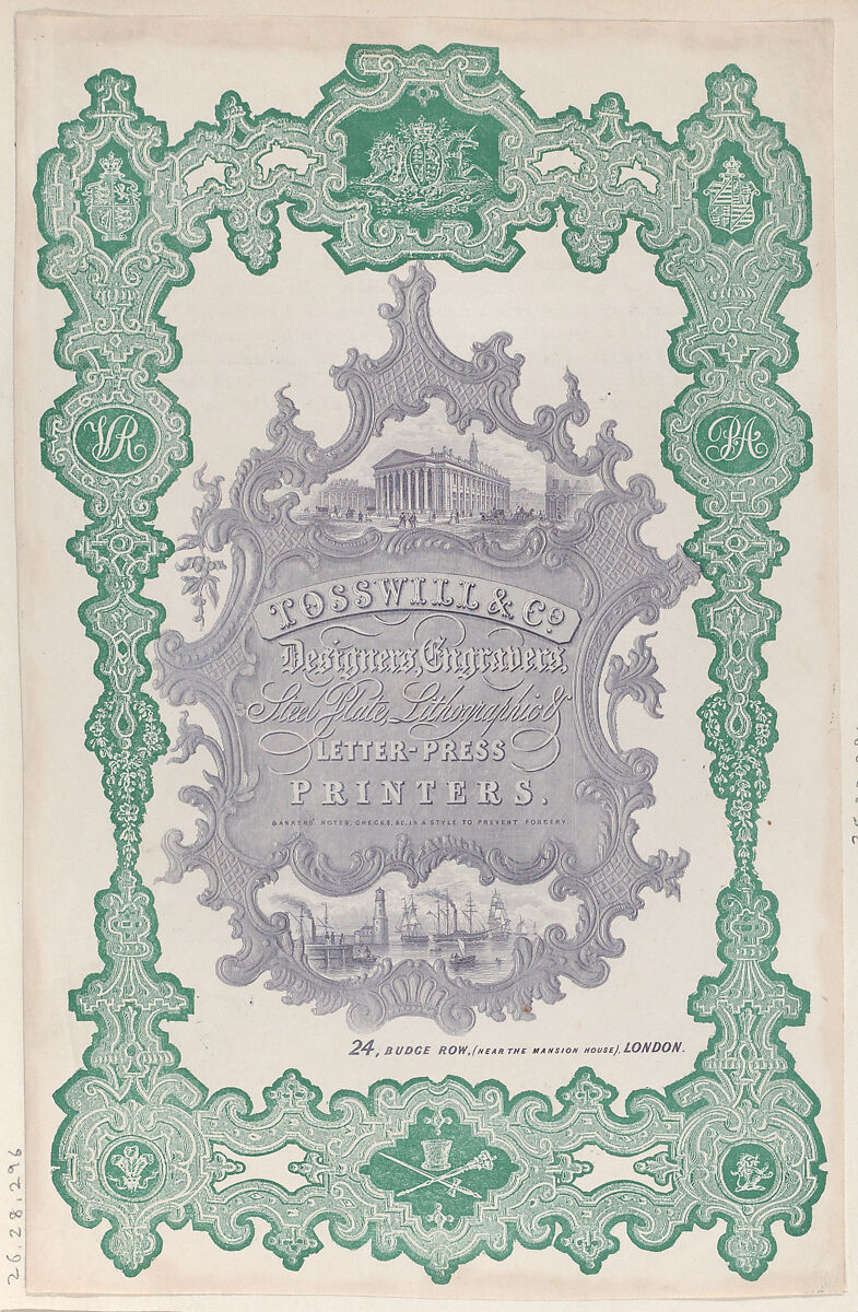 Trade Card for Tosswill & Co., Designers, Engravers, Steel Plate, Lithographic & Letterpress Printers, Anonymous, British, 19th century, Lithograph 