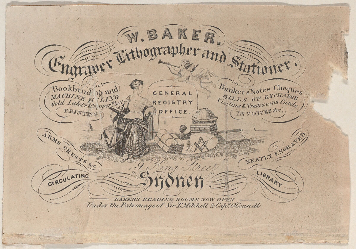 Trade Card for W. Baker, Engraver, Lithographer & Stationer, Anonymous, British, 19th century, Engraving 