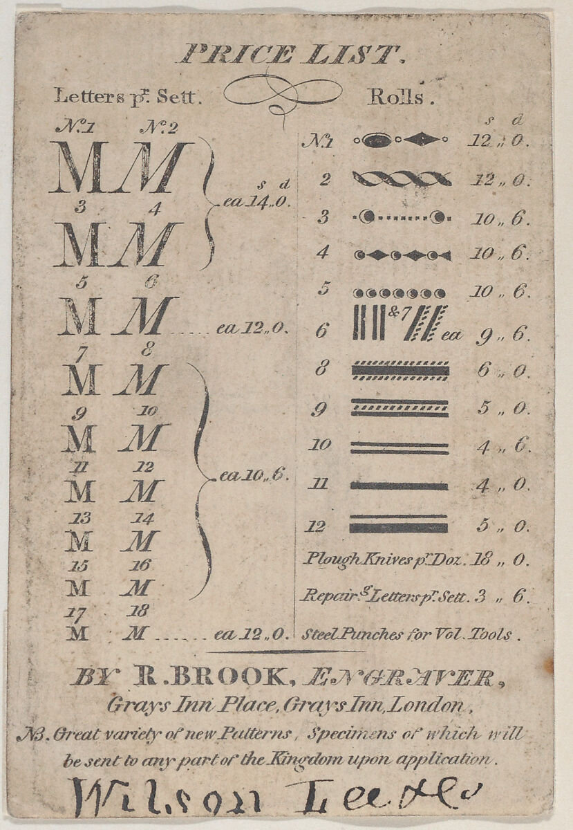 Trade Card for R. Brook, Engraver, Anonymous, British, 19th century, Engraving 