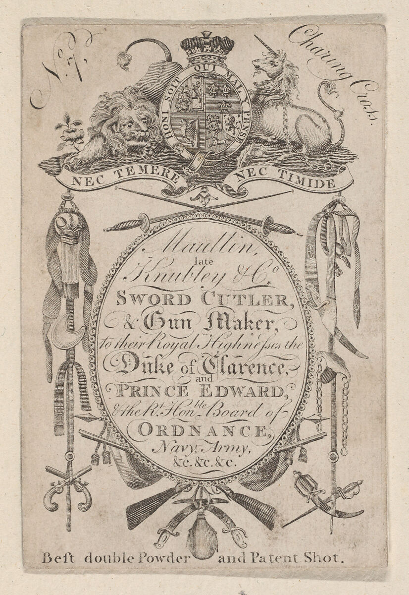 Trade Card Bearing the Name of the Late Gunmaker John Knubley (1750–1795), Anonymous, British, late 18th–early 19th century, Engraving 