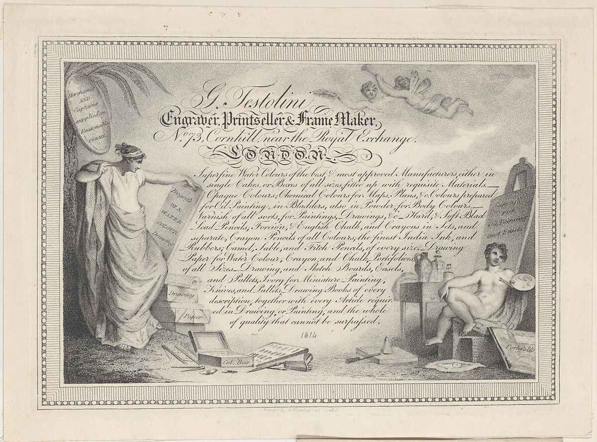 Trade Card for G. Testolini, Engraver, Printseller and Frame Maker, Gaetano Testolini (Italian, active 1760–1822), Engraving 
