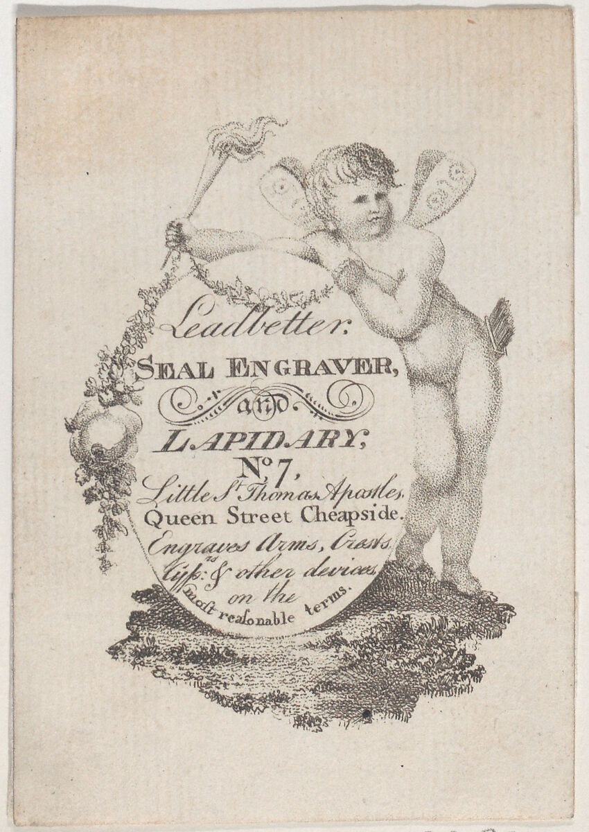 Trade Card for Leadbetter, Seal Engraver and Lapidary, Anonymous, British, 19th century, Engraving 