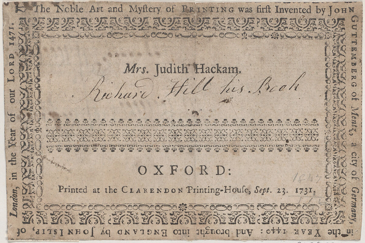 Book Label for Mrs. Judith Hackam, Anonymous, British, 18th century, Engraving 