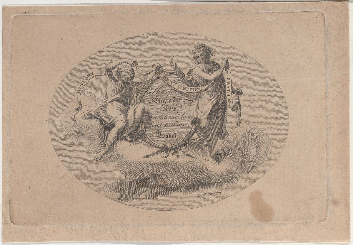 Trade Card for William Sharp, Engraver, William Sharp (British, London 1749–1824 London), Engraving 