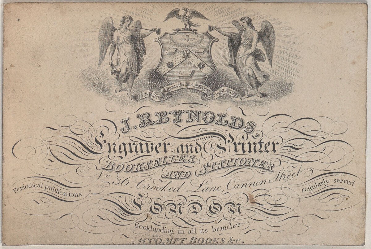 Trade Card for J. Reynolds, Engraver, Printer, Bookseller, and Stationer, Anonymous, British, 19th century, Engraving 