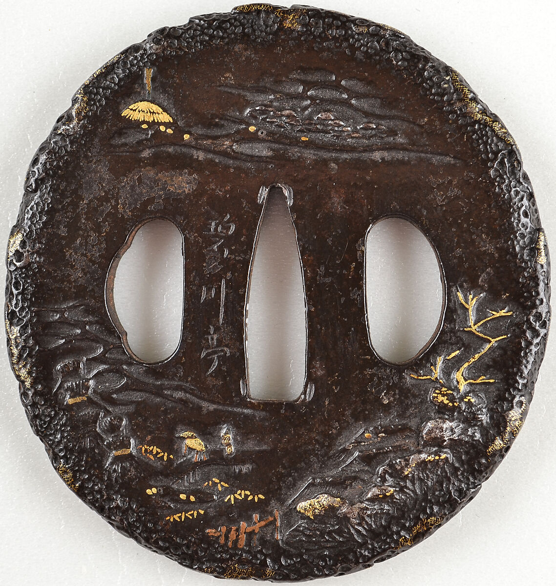 Sword Guard (<i>Tsuba</i>) with <i>Sansui Nanga</i> (Mountain and Seascape) Design, Iron, gold, Japanese 