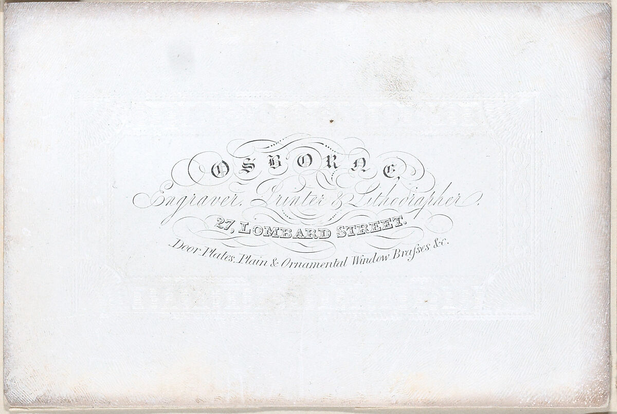 Trade Card for Osborne, Engraver, Printer, and Lithographer, Anonymous, British, 19th century, Engraving 
