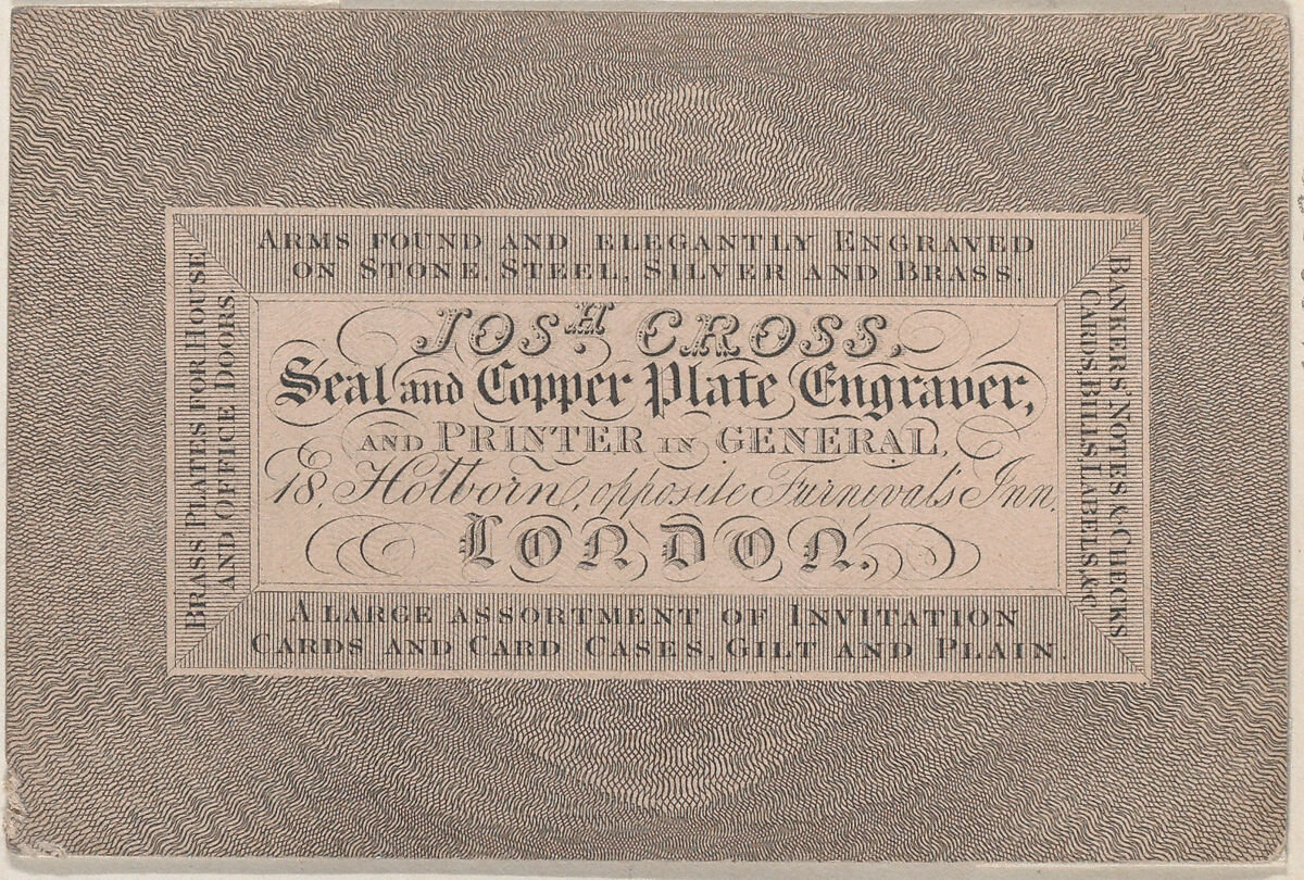 Trade Card for Josh Cross, Seal and Copper Plate Engraver, Anonymous, British, 19th century, Engraving 