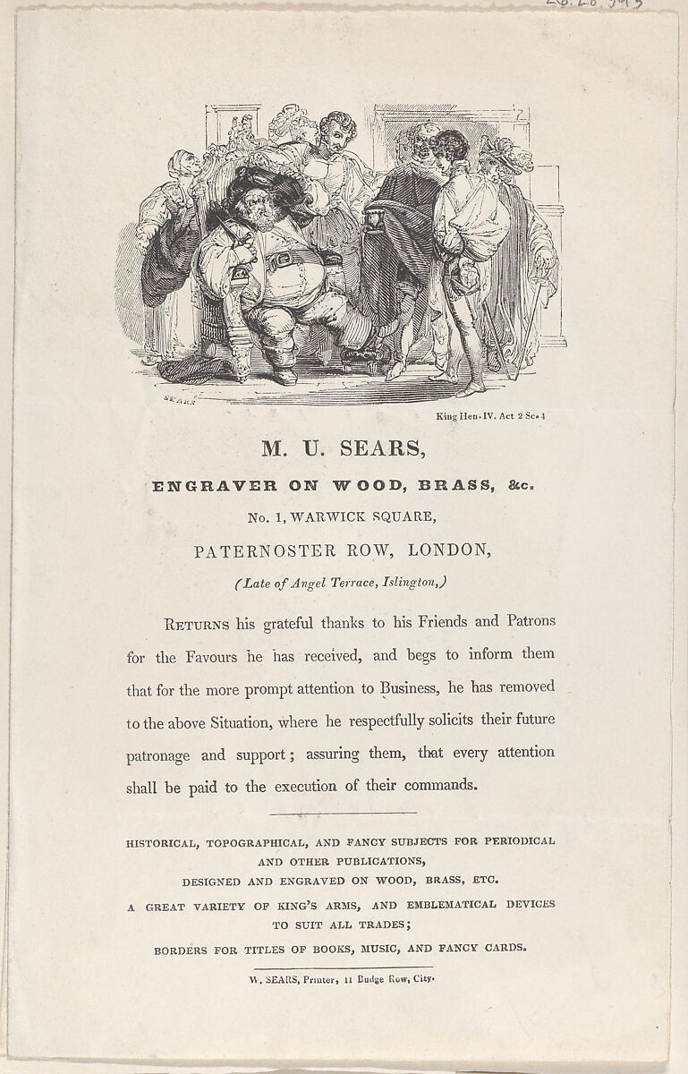 Trade Card for M.U. Sears, Wood Engraver and Printer, Matthew Urlwin Sears (British, born London, active 1826–59), Wood engraving 