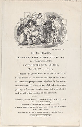 Trade Card for M.U. Sears, Wood Engraver and Printer