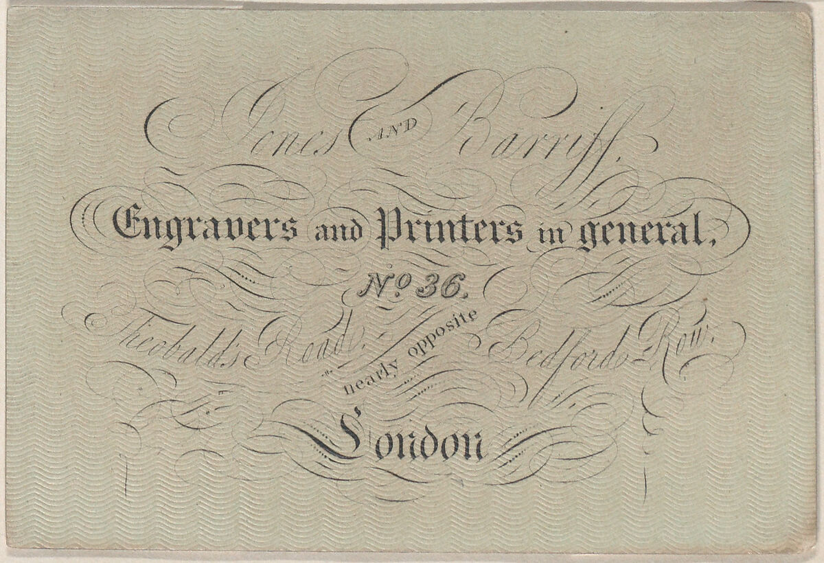 Trade Card for Jones and Barriff, Engravers and Printers, Anonymous, British, 19th century, Engraving 