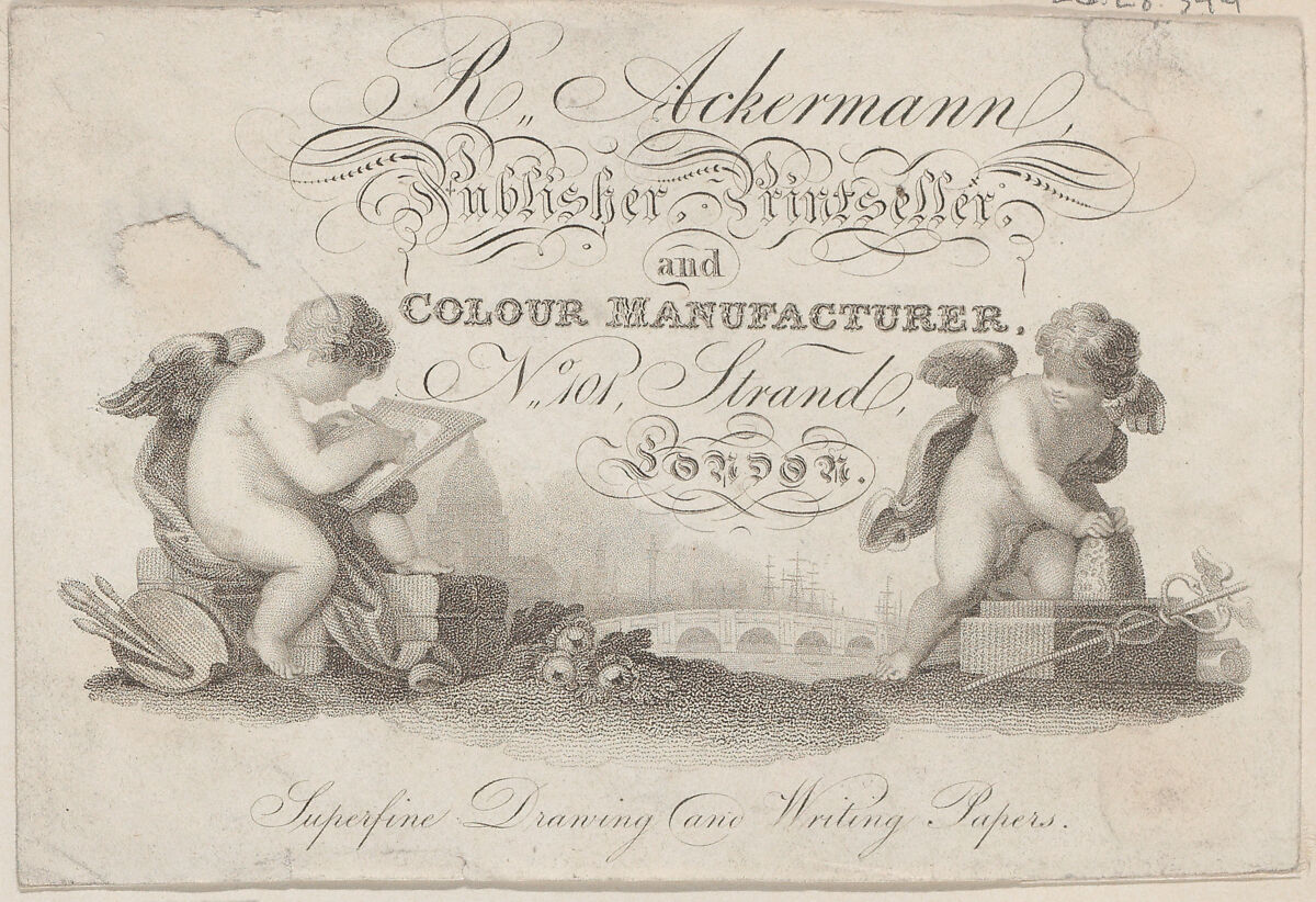 Trade Card for R. Ackermann, Publisher, Printseller, and Color Manufacturer, Anonymous, British, 19th century, Engraving 