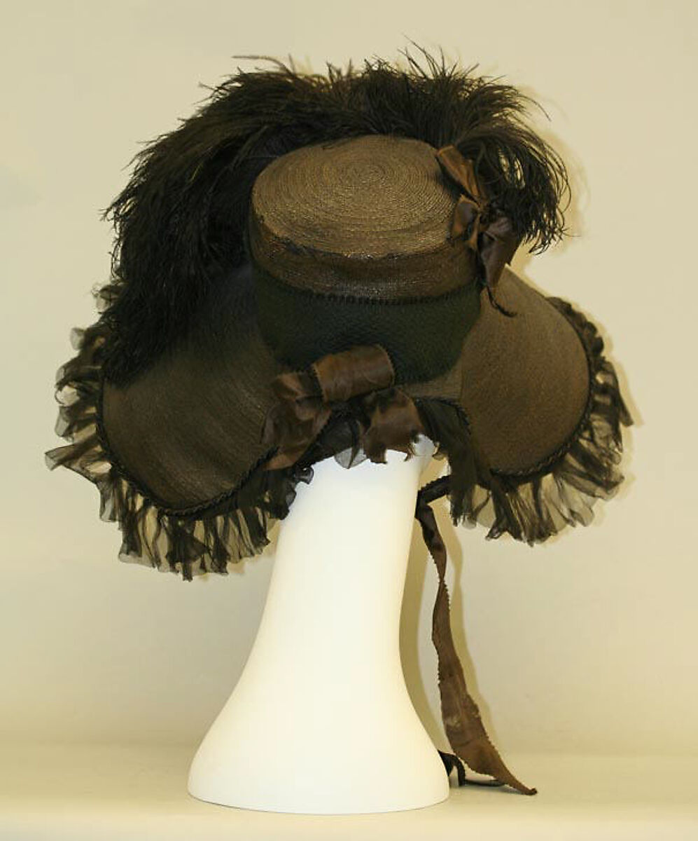 Bonnet, straw, feathers, American or European