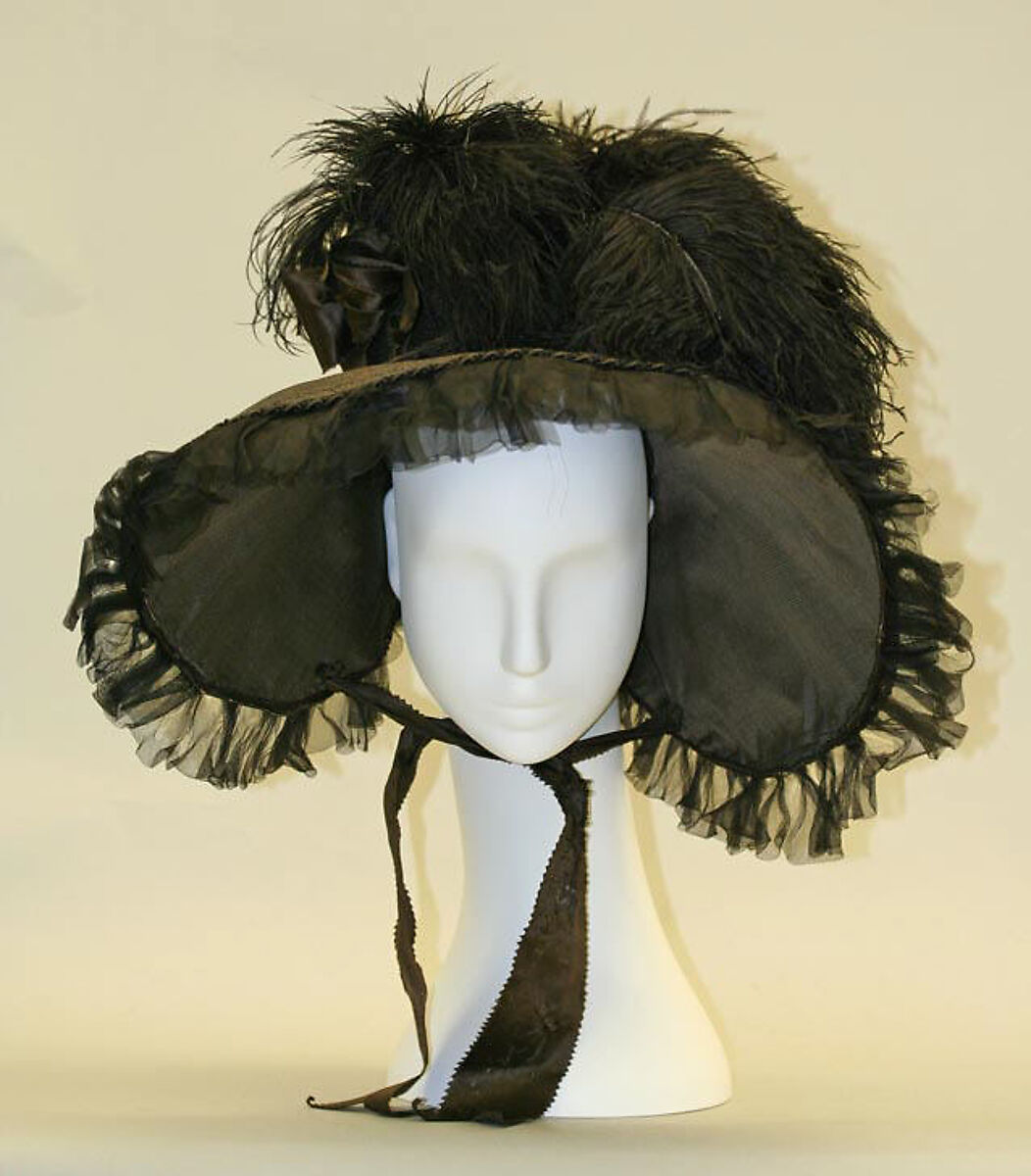 Bonnet, straw, feathers, American or European
